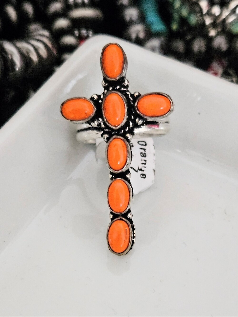 ORANGE SPINY OYSTER CROSS RING SIZE 7 - Picture 3 of 5